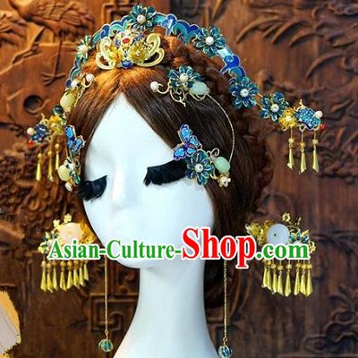 Chinese Handmade Classical Xiuhe Hair Accessories Luxurious Phoenix Coronet Ancient Cloisonne Hairpins for Women