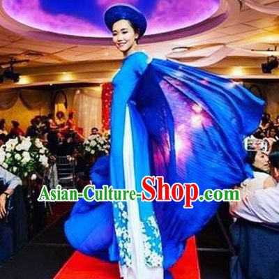 Asian Vietnam Costume Vietnamese Bride Trational Stage Performance Printing Flowers Blue Ao Dai Cheongsam Dress for Women