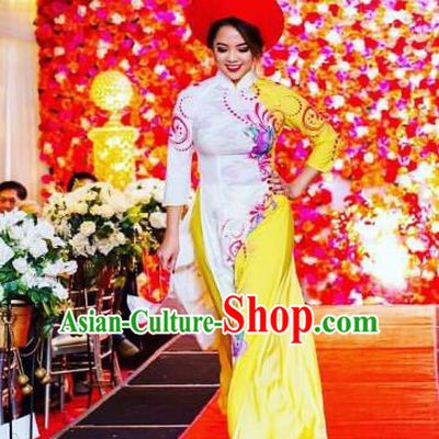 Asian Vietnam Costume Vietnamese Bride Trational Stage Performance Printing Ao Dai Cheongsam Dress for Women
