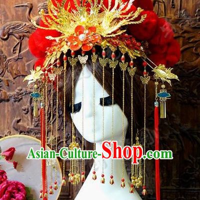 Chinese Handmade Classical Hair Accessories Ancient Tassel Red Phoenix Coronet Hairpins for Women