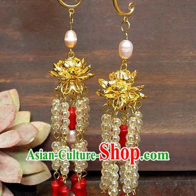 Asian Chinese Traditional Handmade Jewelry Accessories Eardrop Bride Lotus Tassel Earrings for Women