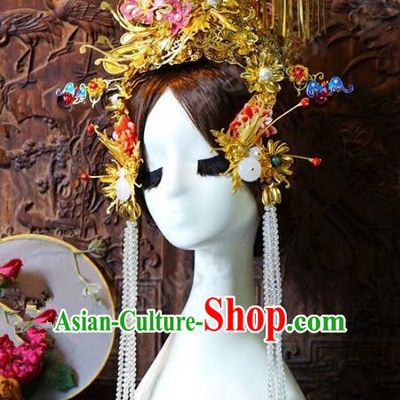 Chinese Handmade Classical Hair Accessories Ancient Golden Phoenix Coronet Hairpins Complete Set for Women