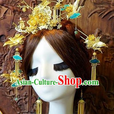 Chinese Handmade Classical Hair Accessories Ancient Crane Phoenix Coronet Hairpins Complete Set for Women