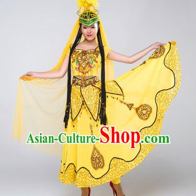 Traditional Chinese Uyghur Nationality Dance Costume, China Folk Dance Uigurian Minority Dance Dress and Headwear for Women