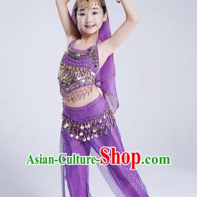 Traditional India Dance Purple Costume, Asian Indian Belly Dance Paillette Clothing for Kids
