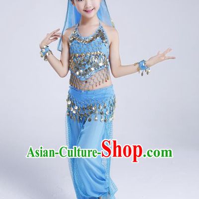 Traditional India Dance Light Blue Costume, Asian Indian Belly Dance Paillette Clothing for Kids