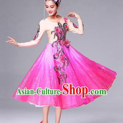 Traditional Chinese Yangge Fan Dance Costume, Folk Dance Yangko Classical Dance Pink Dress for Women