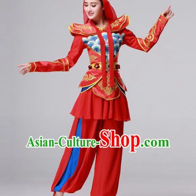 Traditional Chinese Yangge Fan Dance Costume, Folk Yangko Dance Drum Dance Red Clothing for Women