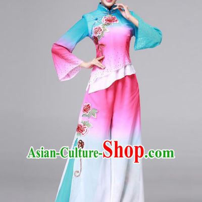 Traditional Chinese Yangge Fan Dance Costume, Folk Yangko Dance Drum Dance Pink Clothing for Women