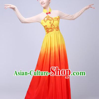 Traditional Chinese Yangge Fan Dance Costume, Folk Yangko Dance Classical Lotus Dance Orange Dress for Women