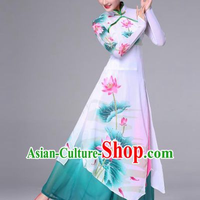 Traditional Chinese Yangge Fan Dance Costume, Folk Yangko Dance Classical Lotus Dance Green Dress for Women