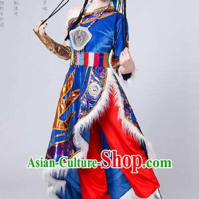 Traditional Chinese Mongol Nationality Dance Costume, Mongols Female Folk Dance Embroidery Blue Dress for Women