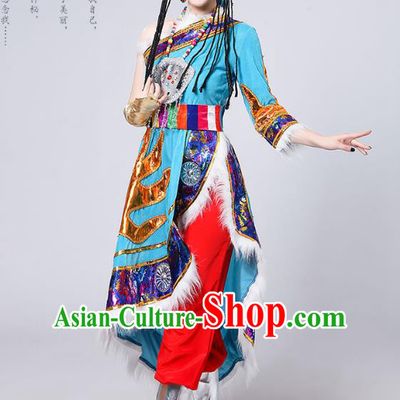 Traditional Chinese Mongol Nationality Dance Costume, Mongols Female Folk Dance Embroidery Light Blue Dress for Women