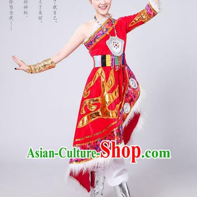 Traditional Chinese Mongol Nationality Dance Costume, Mongols Female Folk Dance Embroidery Red Dress for Women