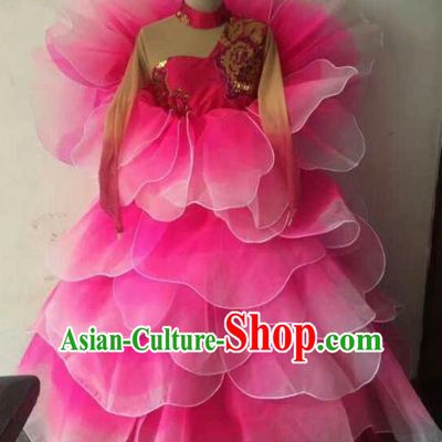 Professional Modern Dance Stage Performance Lotus Dance Embroidered Dress Pink Flowers Costume for Women