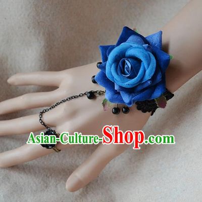 European Western Bride Wrist Flowers Vintage Renaissance Blue Rose Bracelet with Ring for Women