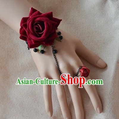 European Western Bride Wrist Flowers Vintage Renaissance Wine Red Rose Bracelet with Ring for Women
