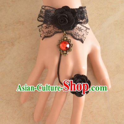 European Western Bride Wrist Accessories Vintage Renaissance Black Bowknot Bracelet with Ring for Women