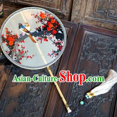 Chinese Handmade Classical Suzhou Embroidery Wintersweet Fans Ancient Palace Round Fans for Women