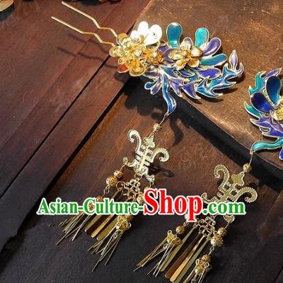 Chinese Handmade Classical Wedding Blueing Tassel Hairpins Ancient Hanfu Hair Clip Hair Accessories for Women