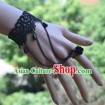European Western Vintage Jewelry Accessories Renaissance Black Lace Bracelet with Ring for Women