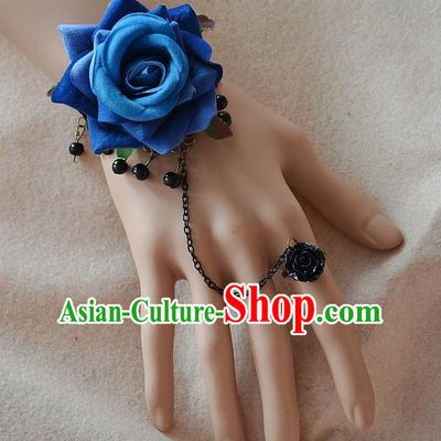 European Western Bride Vintage Jewelry Accessories Renaissance Blue Rose Bracelet with Ring for Women