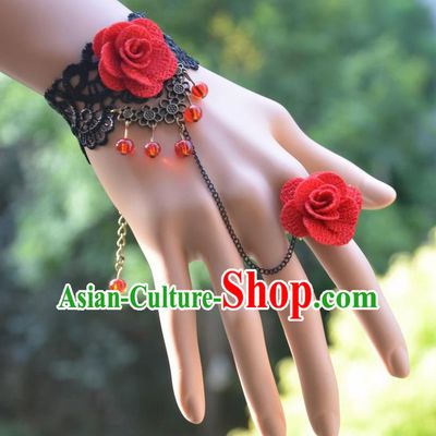 European Western Bride Vintage Jewelry Accessories Renaissance Black Lace Flower Bracelet with Ring for Women