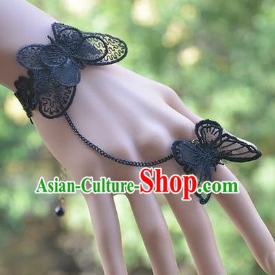 European Western Bride Vintage Jewelry Accessories Renaissance Black Lace Butterfly Bracelet with Ring for Women