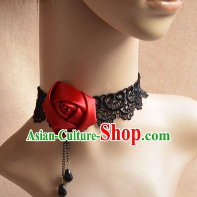 European Western Vintage Jewelry Accessories Renaissance Bride Wine Red Satin Rose Necklace for Women