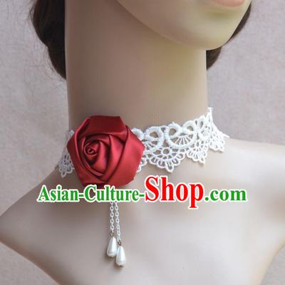 European Western Vintage Jewelry Accessories Renaissance Bride Red Satin Rose Necklace for Women