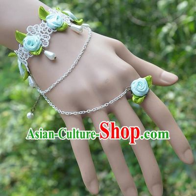 European Western Bride Vintage Jewelry Accessories Renaissance Blue Flowers Pearl Bracelet with Ring for Women