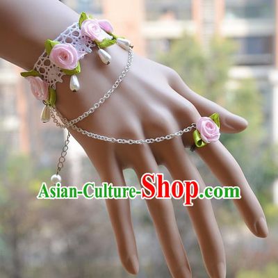 European Western Bride Vintage Jewelry Accessories Renaissance Pink Flowers Pearl Bracelet with Ring for Women