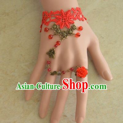 European Western Bride Vintage Jewelry Accessories Renaissance Red Lace Bracelet with Ring for Women