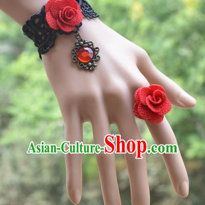European Western Bride Vintage Jewelry Accessories Renaissance Red Crystal Flower Bracelet and Ring for Women