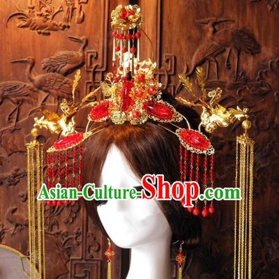 Chinese Handmade Classical Hairpins Ancient Hanfu Xiuhe Red Tassel Phoenix Coronet Hair Accessories for Women