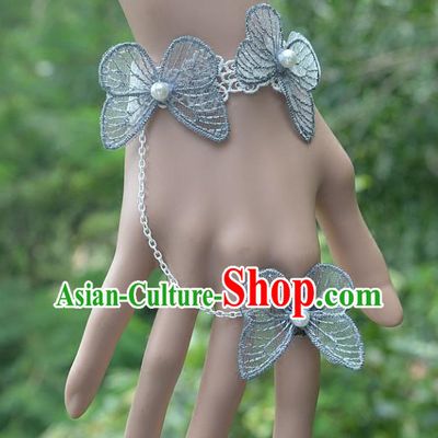 European Western Bride Wrist Accessories Vintage Renaissance Blue Butterfly Bracelet with Ring for Women