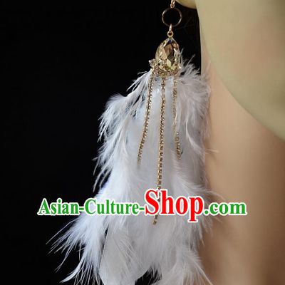 European Western Bride Vintage Accessories White Feather Crystal Eardrop Renaissance Earrings for Women