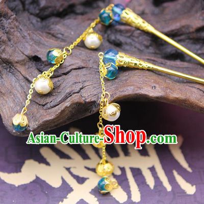 Handmade Chinese Ancient Hair Accessories Blue Beads Tassel Step Shake Hairpins for Women