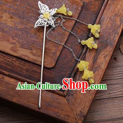 Handmade Chinese Ancient Princess Hair Accessories Butterfly Yellow Tassel Hairpins for Women