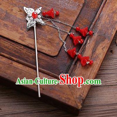 Handmade Chinese Ancient Princess Hair Accessories Butterfly Red Tassel Hairpins for Women