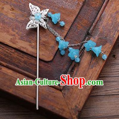 Handmade Chinese Ancient Princess Hair Accessories Butterfly Blue Tassel Hairpins for Women