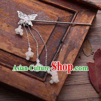 Handmade Chinese Ancient Princess Hair Accessories Butterfly White Tassel Hairpins for Women