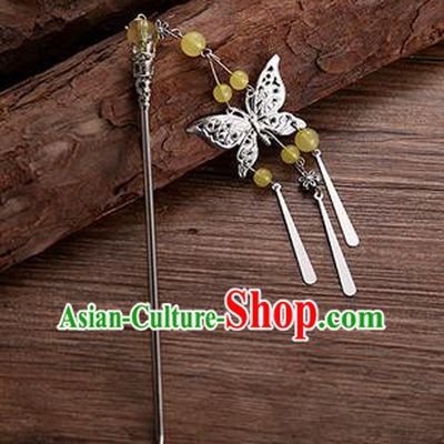 Handmade Chinese Ancient Princess Hair Accessories Yellow Beads Butterfly Hairpins for Women