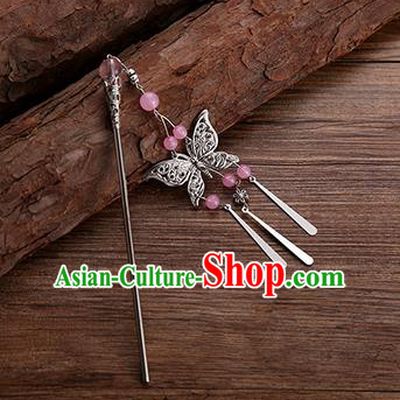 Handmade Chinese Ancient Princess Hair Accessories Pink Beads Butterfly Hairpins for Women