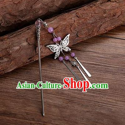 Handmade Chinese Ancient Princess Hair Accessories Purple Beads Butterfly Hairpins for Women