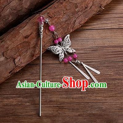 Handmade Chinese Ancient Princess Hair Accessories Rosy Beads Butterfly Hairpins for Women