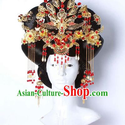 Handmade Chinese Ancient Imperial Concubine Hair Accessories Wig and Phoenix Coronet Hairpins Complete Set for Women