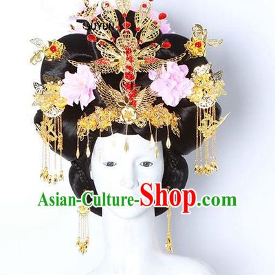 Handmade Chinese Ancient Palace Lady Hair Accessories Wig and Phoenix Coronet Hairpins Complete Set for Women