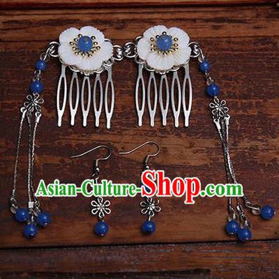 Handmade Chinese Ancient Hair Accessories Royalblue Beads Tassel Hair Comb Hairpins for Women