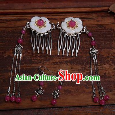 Handmade Chinese Ancient Hair Accessories Rosy Beads Tassel Hair Comb Hairpins for Women